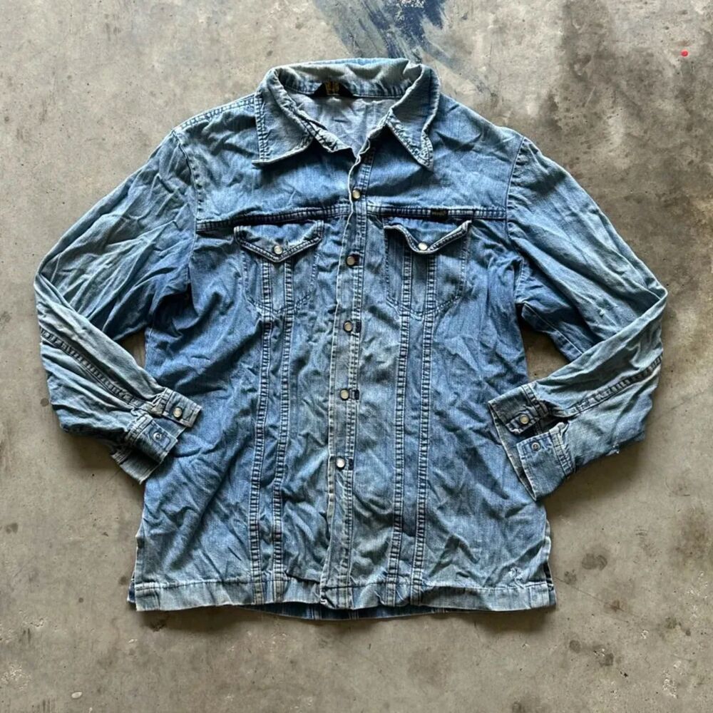 Vintage 70s Wrangler Pearl Snap Denim Button Shirt Large